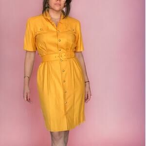 Vintage Yellow Button Down Belted Shirt Dress Size 10 100% silk